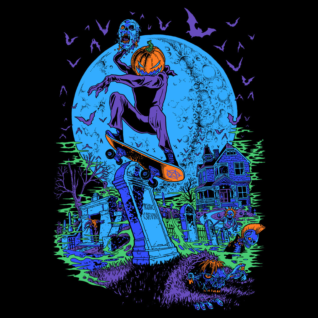 Graveyard, skeletons, pumpkin skateboard, bats, zombies, halloween shirt, barf comics, Richmond, Return of the Living Shred